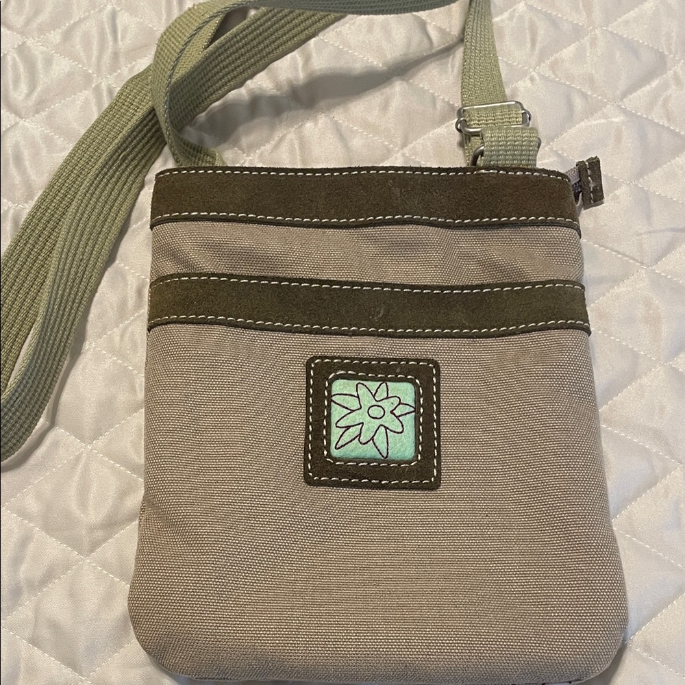 Vintage Sherpani crossbody, canvas Tan/khaki 7.5 width